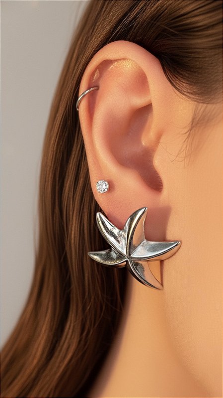 Brinco Estrela Prata Aço Inoxidável