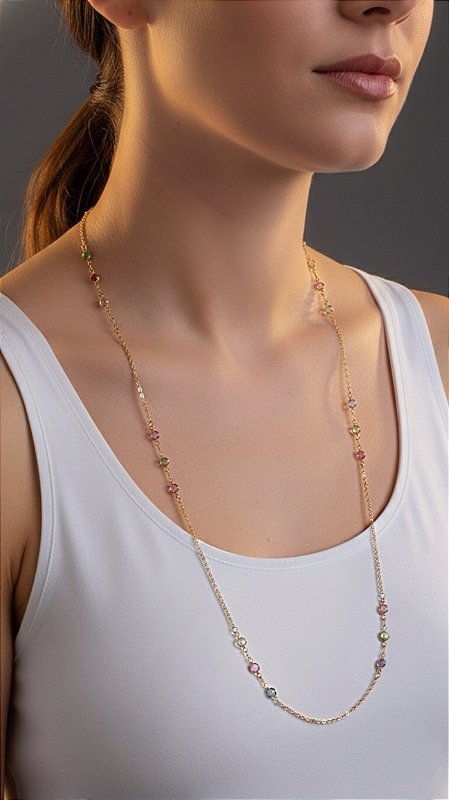 Colar Alongado Pedras Coloridas Dourado