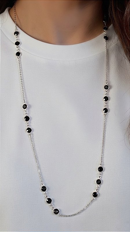 Colar Alongado Cristal Preto Prata