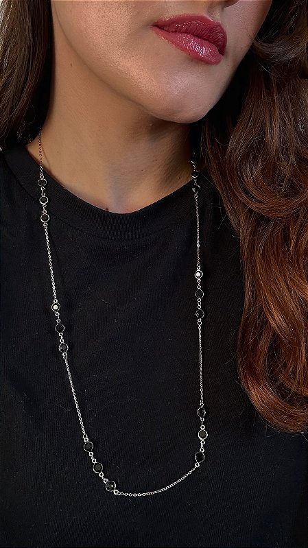 Colar Alongado Cristal Preto Prata