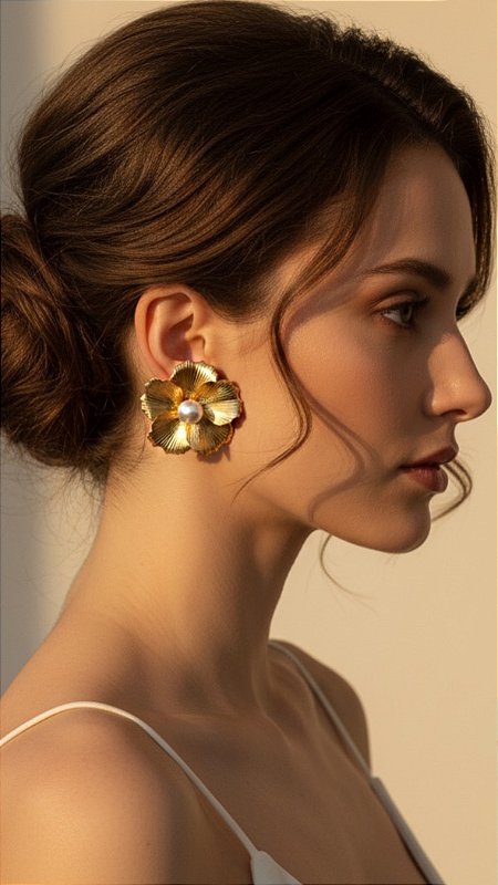 Brinco Máxi Flor Detalhe Pérola Aço Dourado