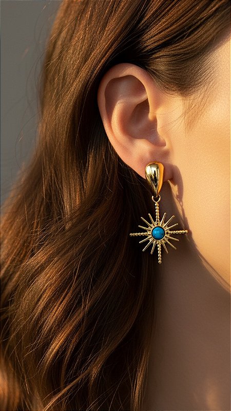 Brinco Sol Detalhe Resina Azul Aço Dourado