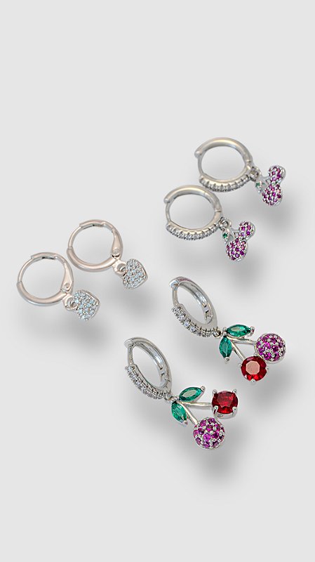 Brinco Trio Cerejinhas Zircônia Prata