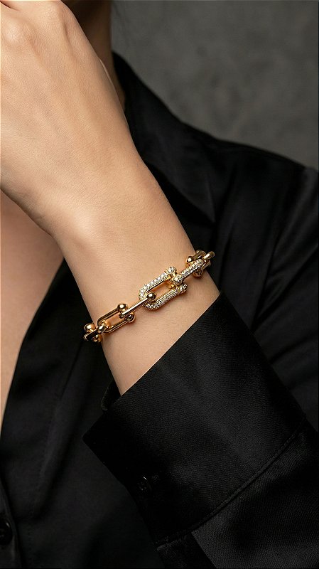 Pulseira Elos Insp Tiffany Cravejada Aço Dourada