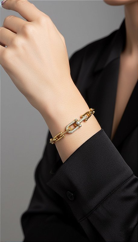 Pulseira Elos Insp Tiffany Cravejada Dourada