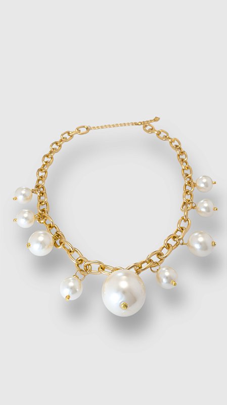 Colar Correntaria Pingentes Pérolas Dourado