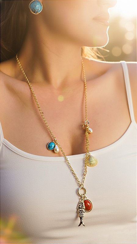 Colar Alongado Pingente Sardinha Elementos