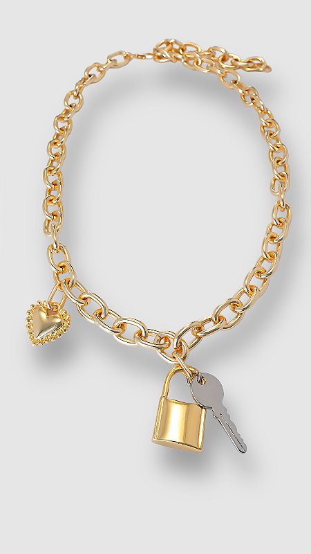 Colar Correntaria Cadeado Chave Dourado