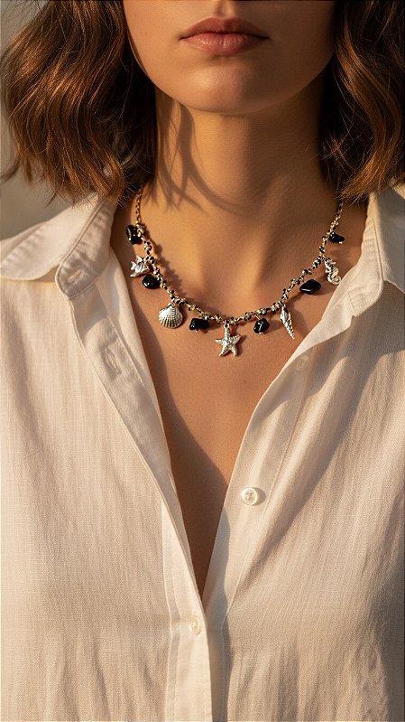 Colar Cordão Preto Elementos do Mar Aço Prata