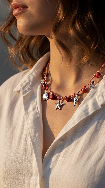 Colar Cordão Vermelho Elementos do Mar Aço Prata
