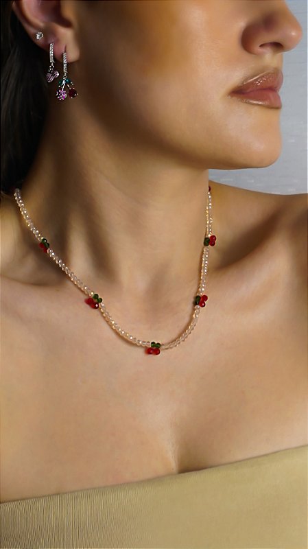 Colar Miçangas Swarovski Cerejinha Transparente Aço