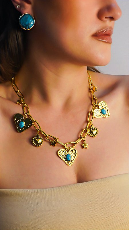 Colar Corações Chloé Resina Azul