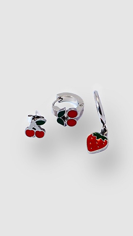 Brinco Trio Frutinhas Cereja Morango Aço Prata