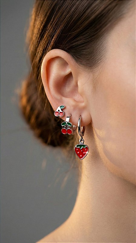Brinco Trio Frutinhas Cereja Morango Aço Prata