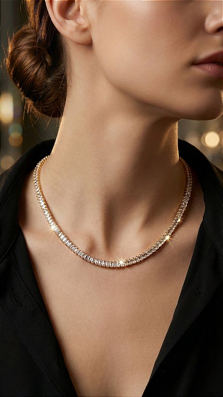 Colar Riviera Baguete 5mm Zircônias Banho Ouro 18K