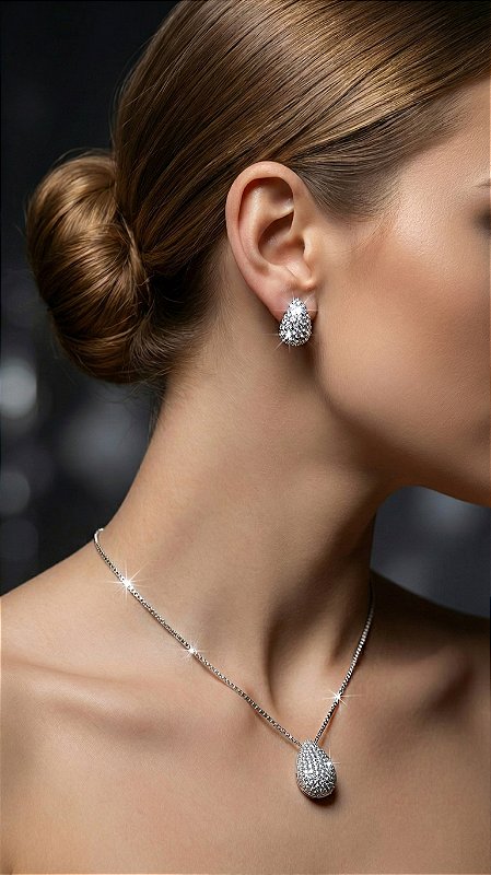 Conjunto Gota Zircônia Cravejado Prata