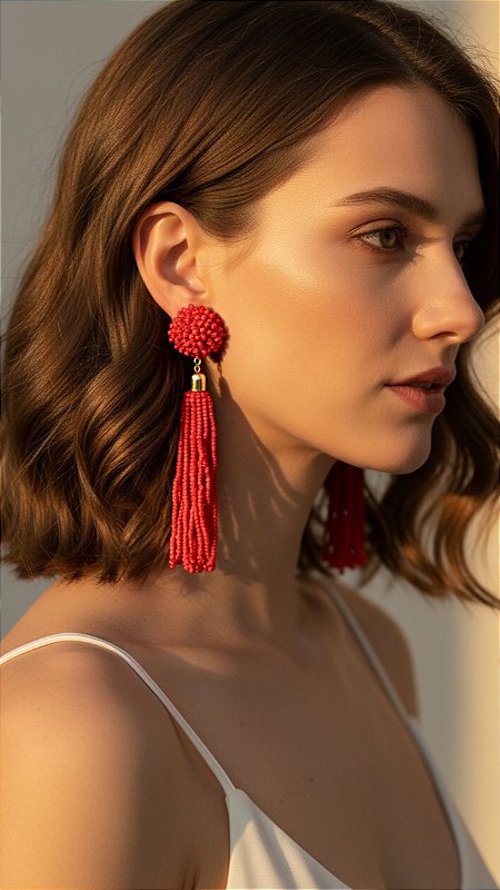 Brinco Insp Chanel Miçangas Vermelho Alongado