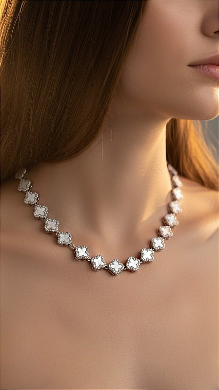 Colar Insp Van Cleef Alhambra Madrepérola Zircônia Prata