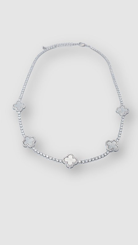 Colar Insp Van Cleef Alhambra Madrepérola Composê Zircônia Prata