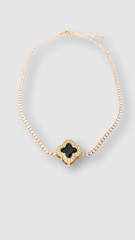 Colar Insp Van Cleef Alhambra Solitária Preta Zircônia Dourado