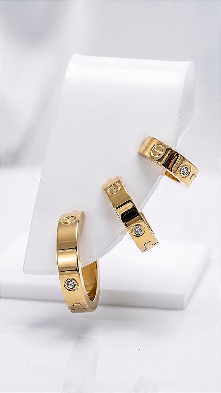 Brinco Trio Argolas CT Zircônia Cravejada Dourado Aço