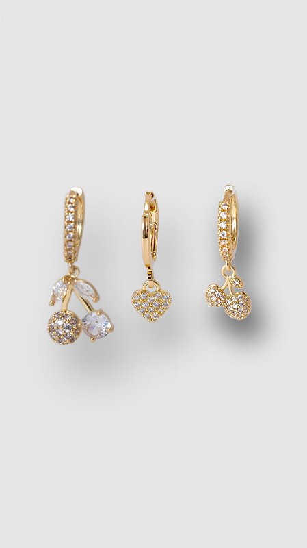 Brinco Trio Cerejinha Zircônia Dourado