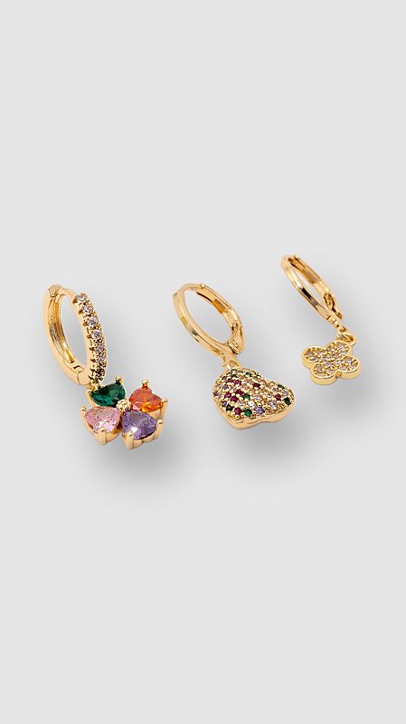 Brinco Trio Insp Pandora Zircônia Color Dourado