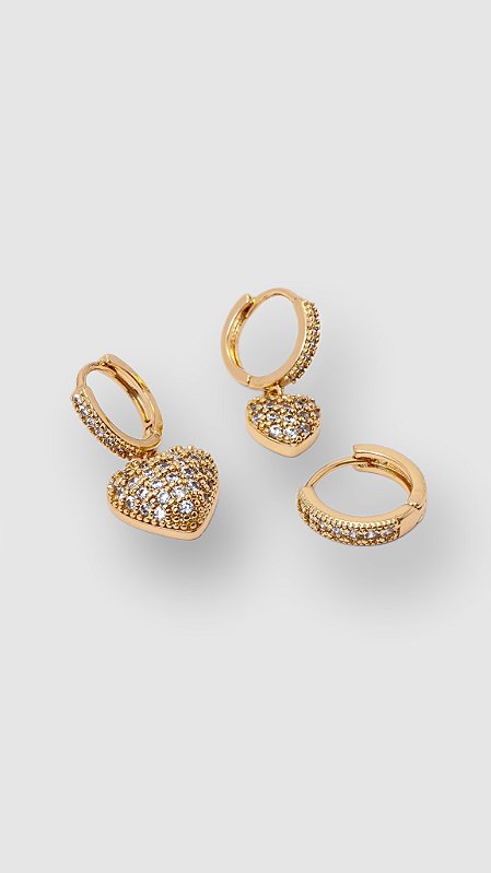 Brinco Trio Coração Zircônia Dourado