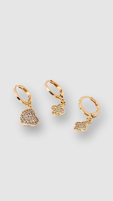 Brinco Trio Mix Zircônia Dourado