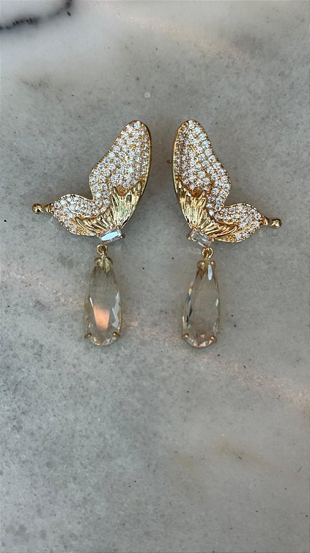 Brinco Borboleta Cristal Dourado