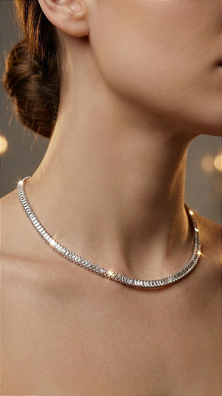 Colar Riviera Baguete Zircônia Prata