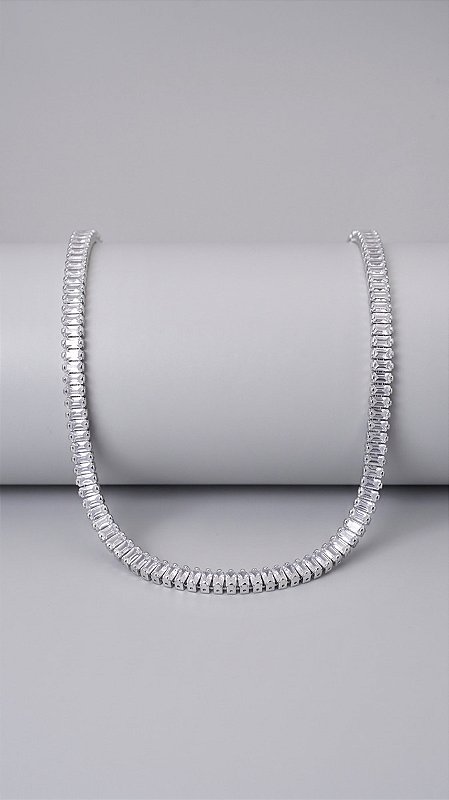 Colar Riviera Baguete 3mm Zircônias Banho Ródio Branco