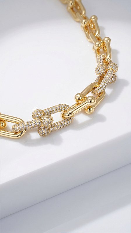 Colar Elos Premium Cravejado Dourado