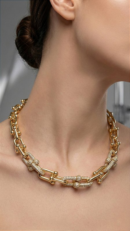 Colar Elos Insp Tiffany Cravejado Premium Dourado