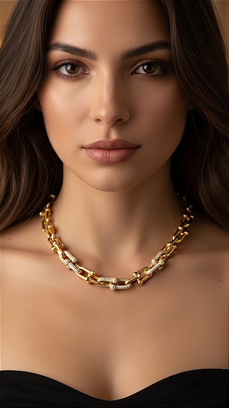 Colar Elos Insp Tiffany Cravejado Dourado