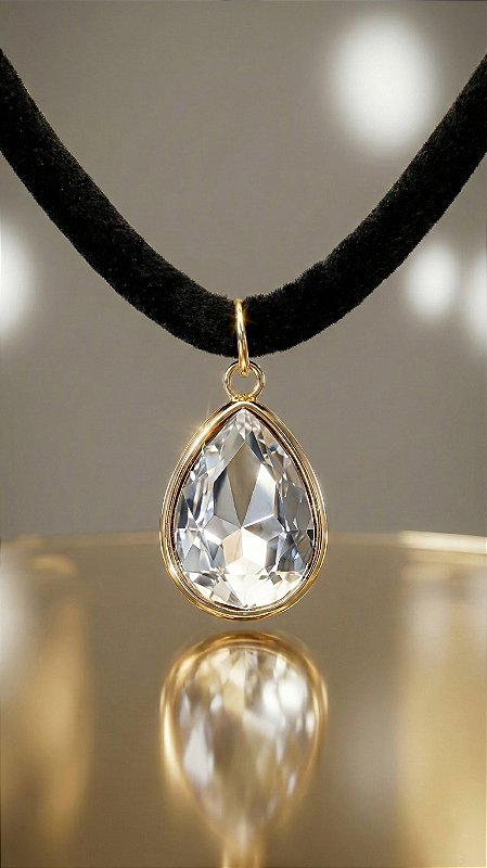 Colar Veludo Preto Pingente Gota Cristal Dourado