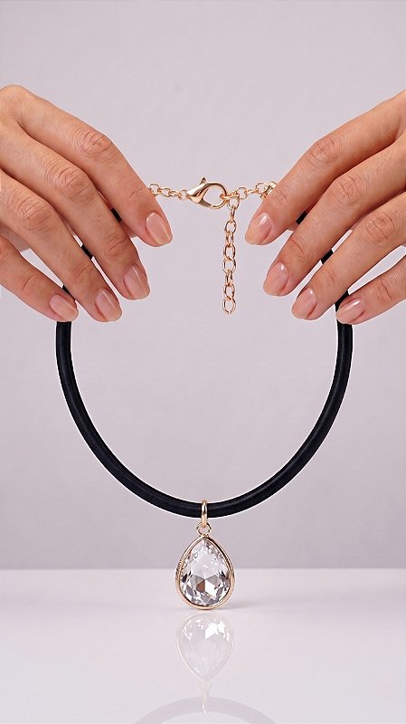 Colar Cordão Encerado Preto Pingente Gota Cristal Banho Ouro 18K