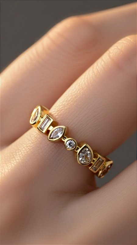 Anel Geométrico Zircônias Dourado Ajustável
