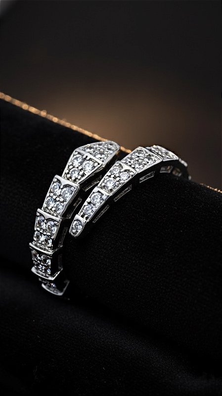 Anel Serpente Insp Bulgari Cravejado Zircônias Prata Ajustável