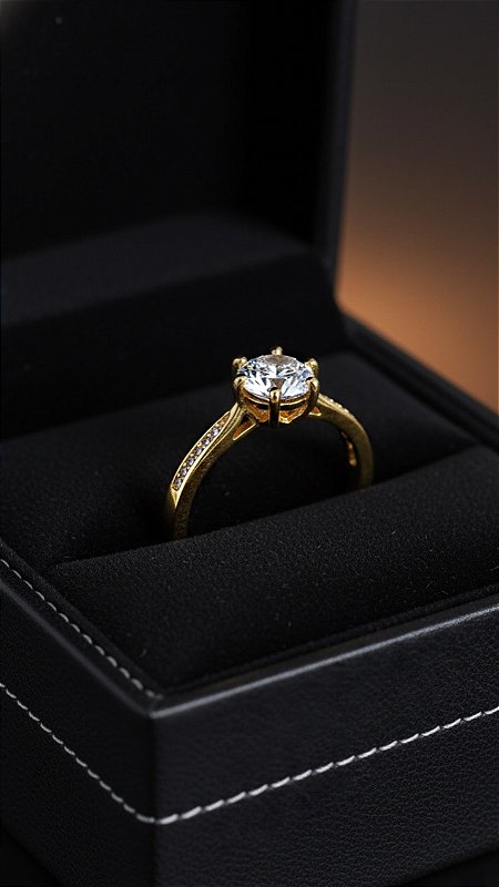 Anel Solitários 6 Pontas Zircônia Dourado Ajustável