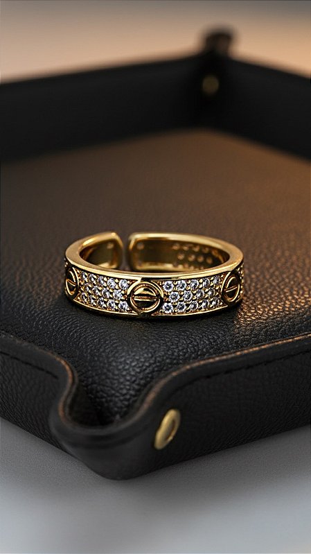 Anel Insp Cartier Cravejado Zircônias Dourado Ajustável