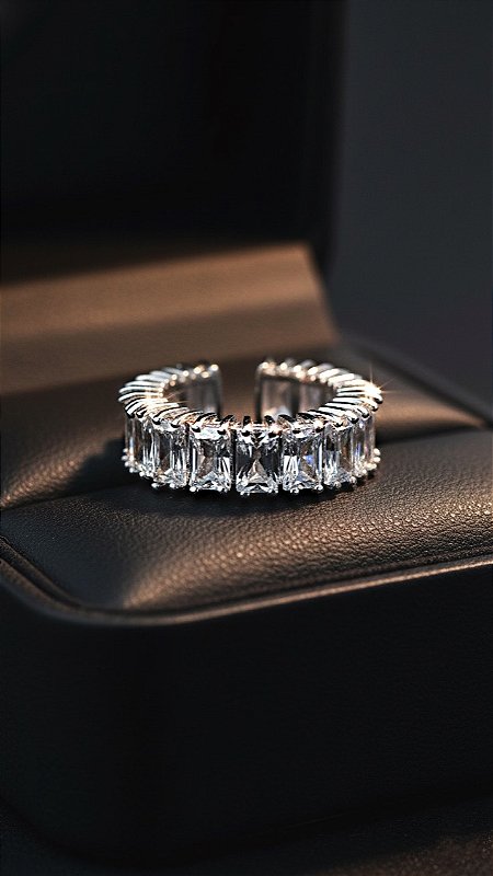 Anel Riviera Baguete Baguete 4 Pontas Cristal Prata Ajustável