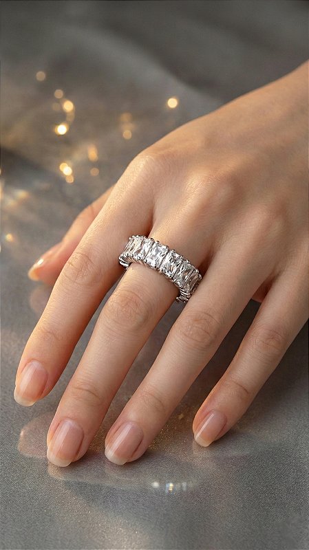 Anel Riviera Baguete Baguete 4 Pontas Cristal Prata Ajustável