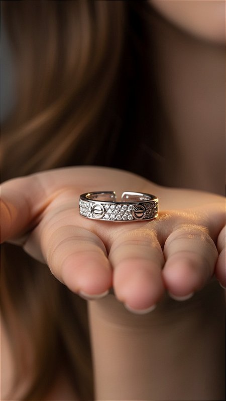 Anel Insp Cartier Cravejado Zircônias Prata Ajustável