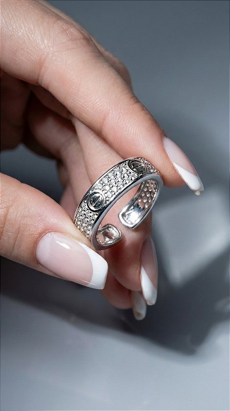 Anel Insp Cartier Cravejado Zircônias Prata Ajustável