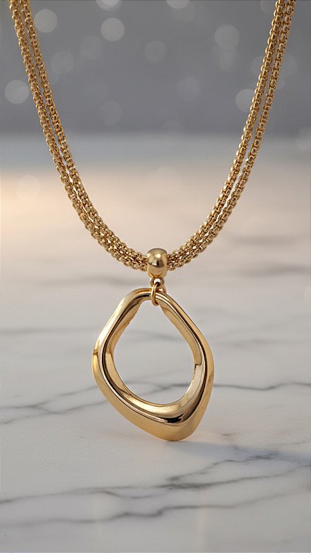 Colar Dupla Correntaria Pingente Orgânico Dourado