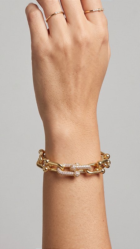 Pulseira Elos Cravejado Zircônias Banho Ouro 18K
