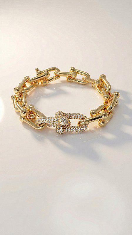 Pulseira Elos Insp Tiffany Premium Cravejado Dourada