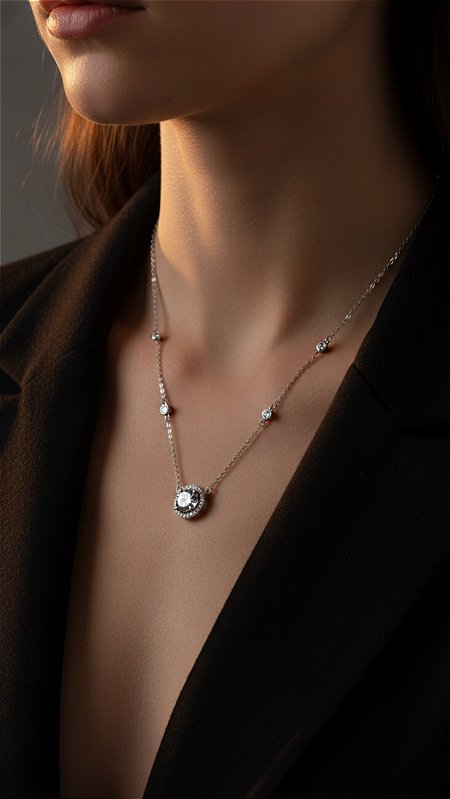 Colar Pedra Moissanite Pontos Cravejados Prata 925