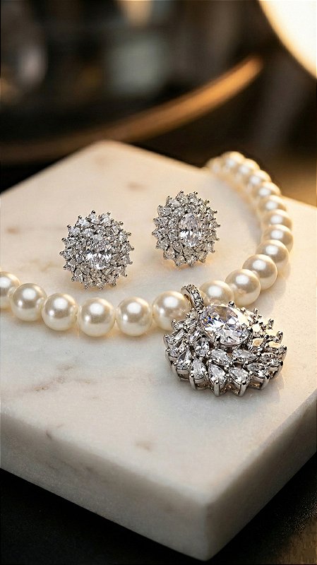 Conjunto Pérolas Composê Zircônias Cravejadas